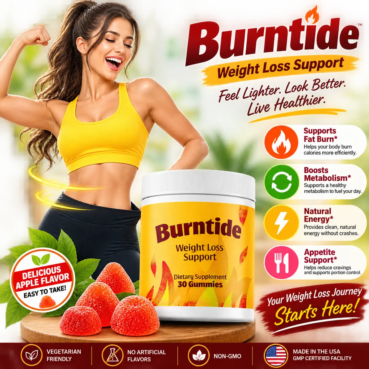Burntide weight loss support gummy jar with apple-flavored gummies