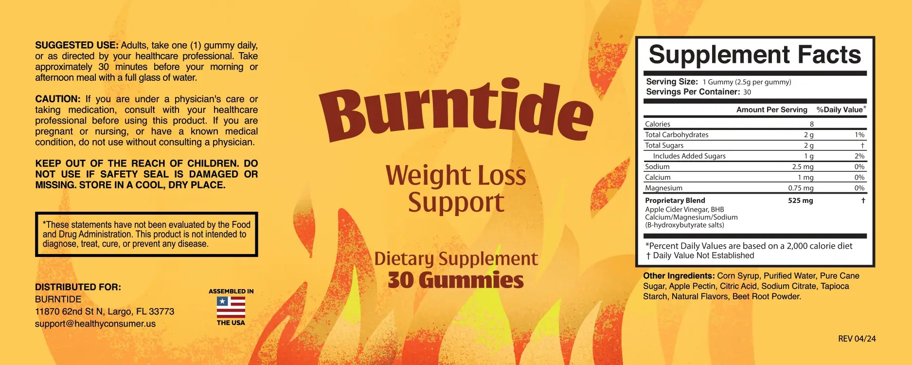Burntide supplement facts label showing serving size and ingredient list